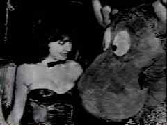 (photo: large stuffed Bullwinkle staring into cleavage of woman's low-cut evening gown)
