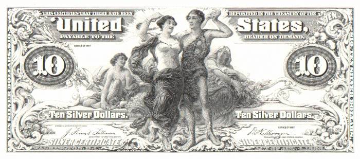 (Obverse of
proposed 1896 $10 note, no serial number or Treasury seal, Tillman/Morgan
signatures)